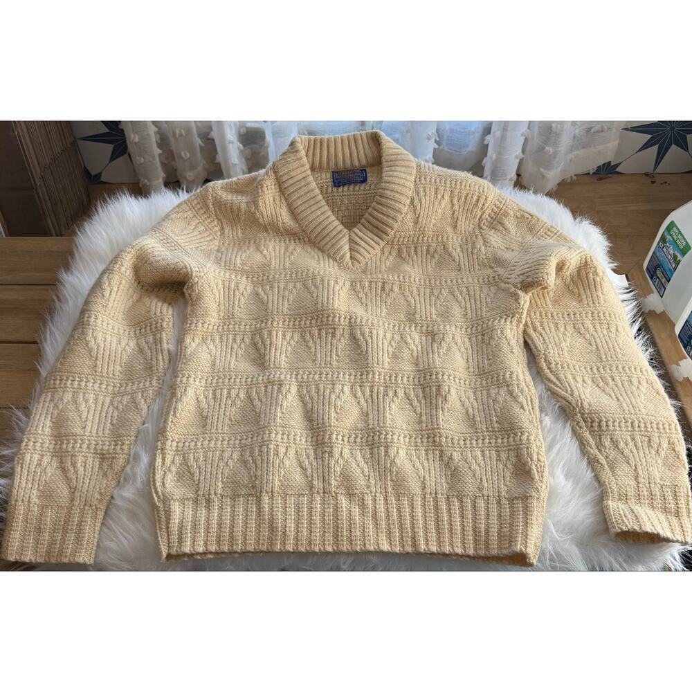 VTG Pendleton Wool Sweater Mens L Cream Fisherman Cable Knit V Neck USA